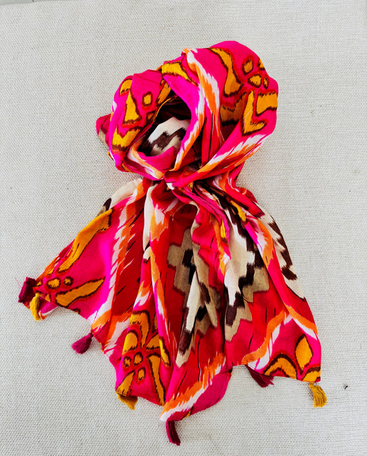 Lightweight Printed Poly-Cotton Scarf for Women - Pink Orange Stripe