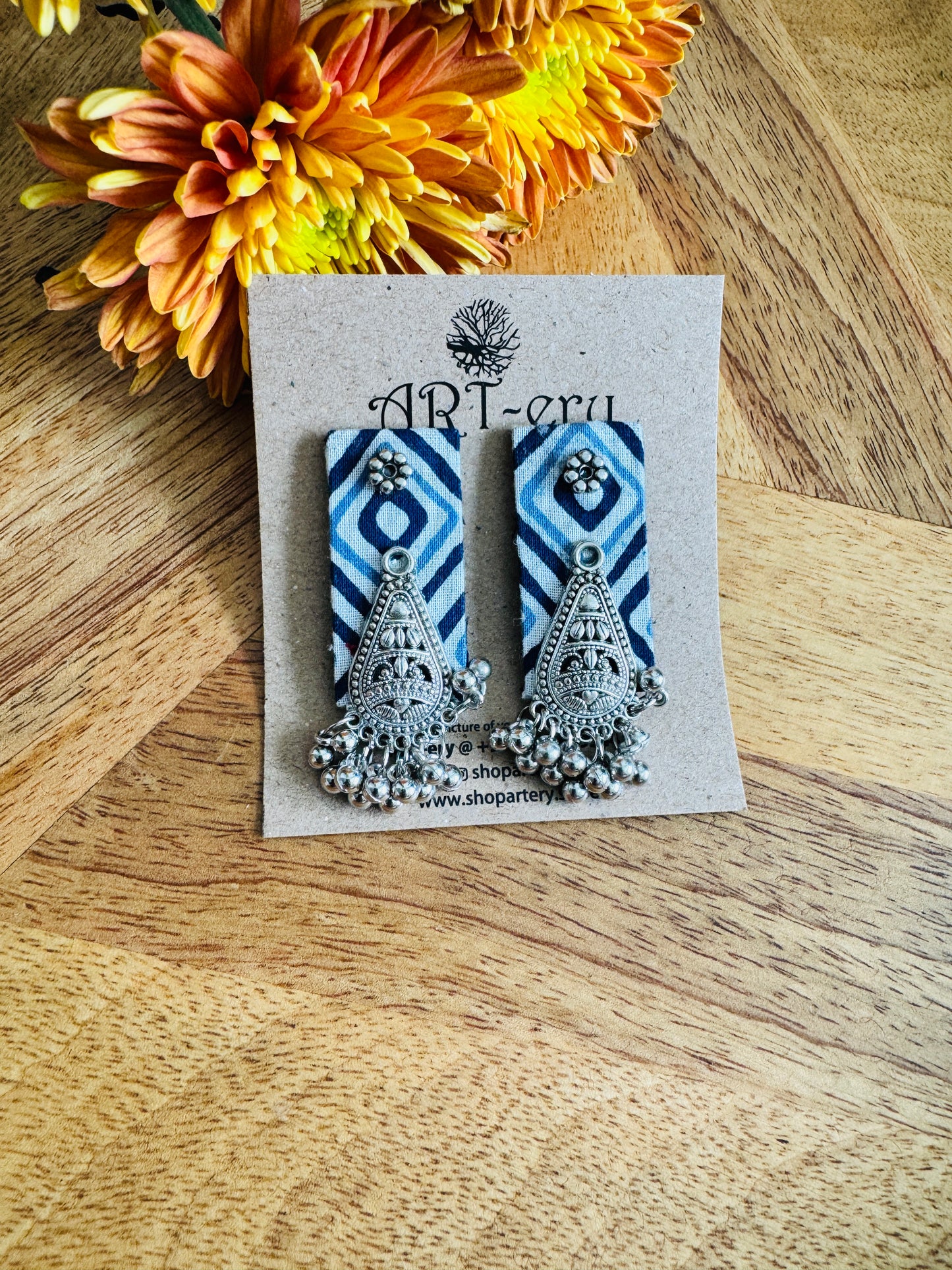 Rectangle stud oxidised silver fabric earrings