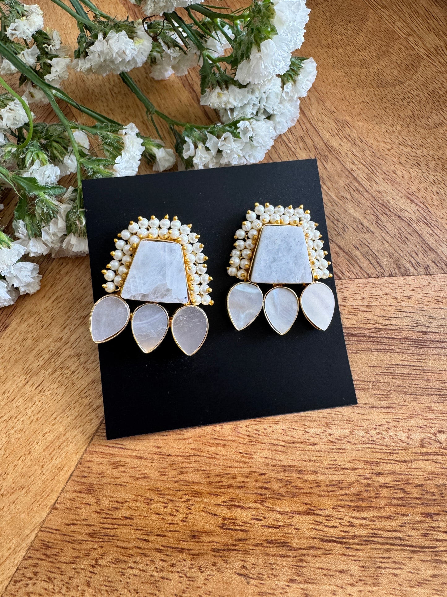 Handmade Brass Dangler Earrings with Natural Stone | Pearl stud