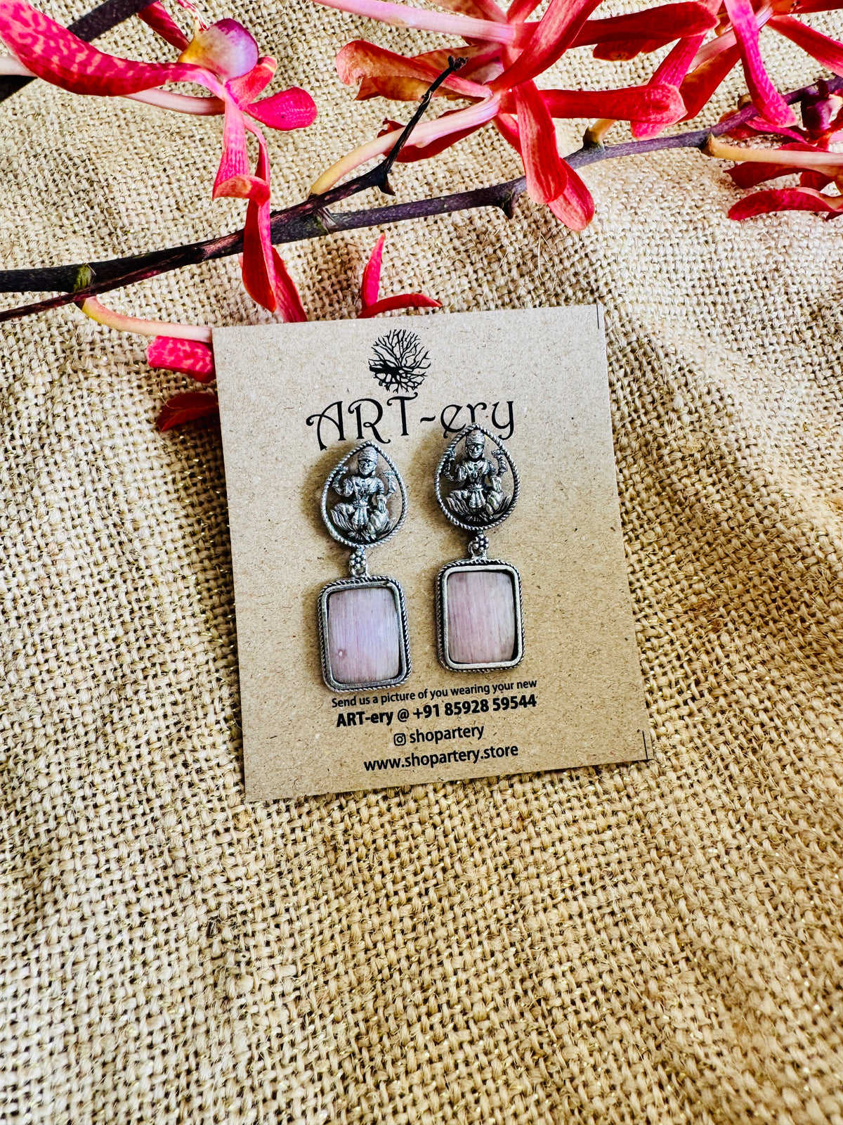 Oxidised Silver Goddess Lakshmi Earrings with  Stone Drop - Pink