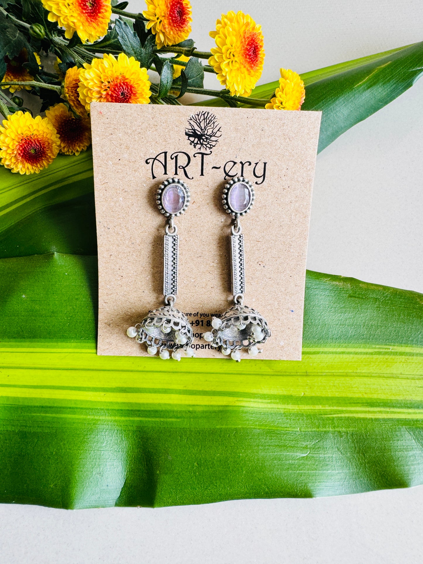 Lightweight oxidised silver jhumka with long stem  - Pink earrings