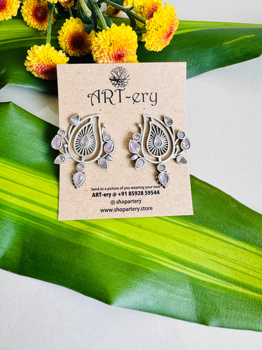 Pink stone Inspired Oxidised Silver Statement Earrings