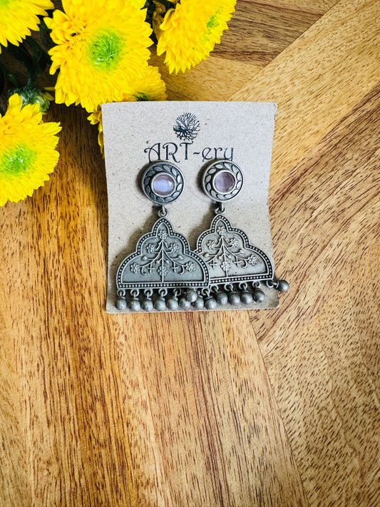 Pink triangle dangler oxidised silver earring