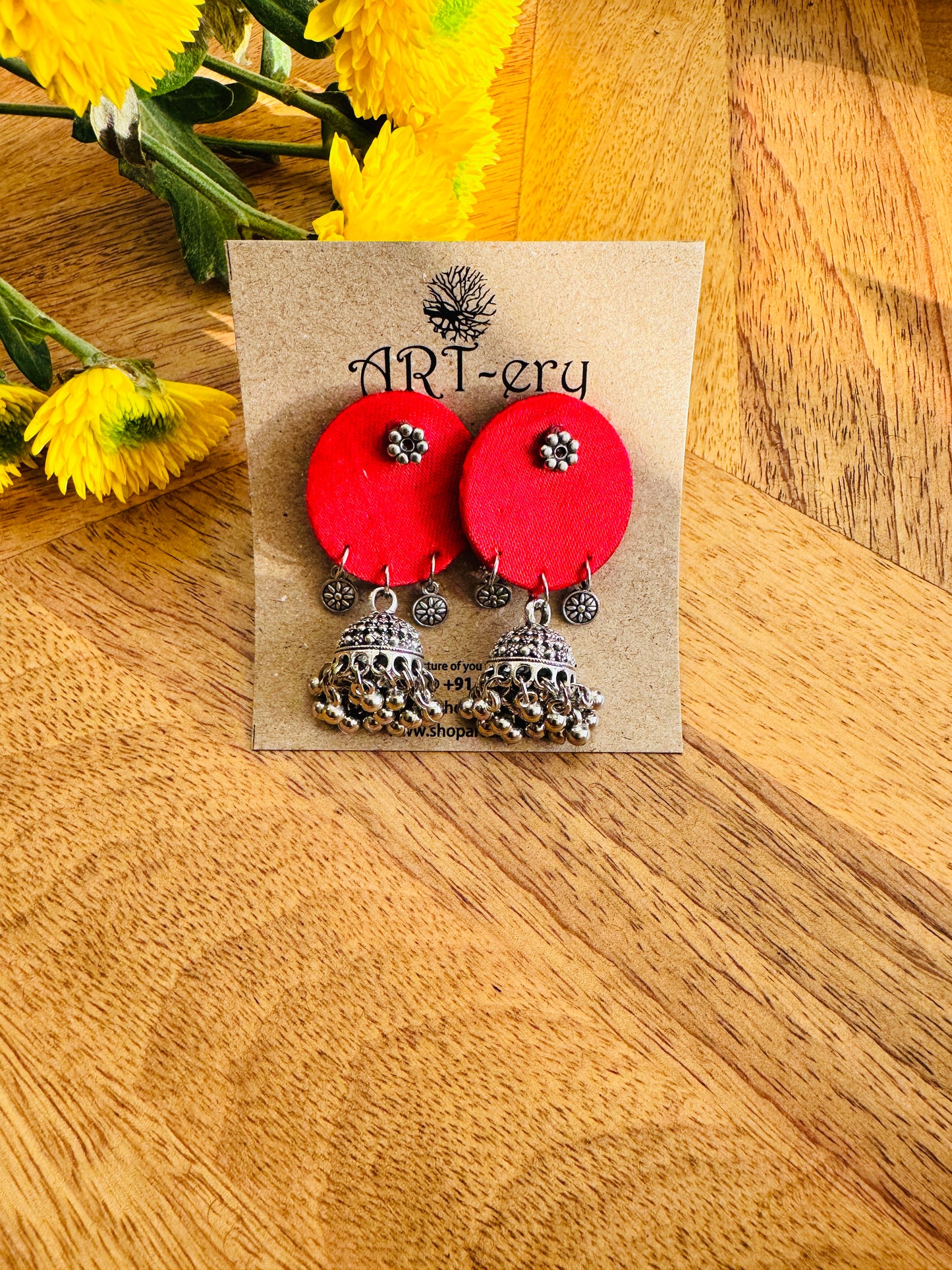 Handmade Fabric & Oxidised Silver Earrings - Bright plain earrings