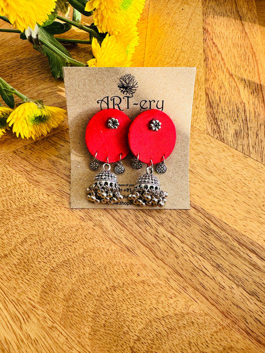 Handmade Fabric & Oxidised Silver Earrings - Bright plain earrings