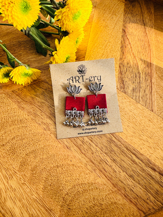 Handmade Fabric & Oxidised Silver Earrings - Red plain earrings