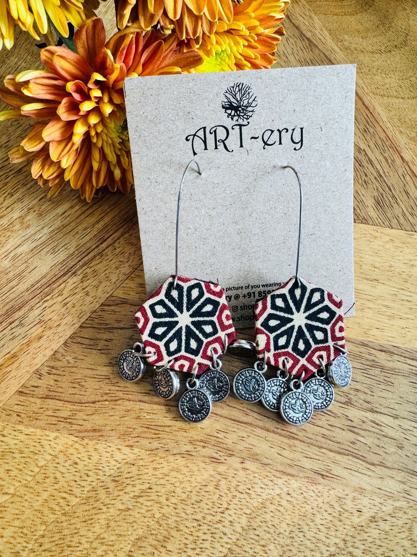Printed ethnic oxidised silver fabric earrings