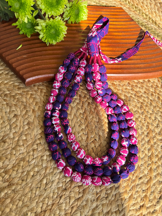 Multi layer kalamkari fabric statement necklace - Pink and Purple