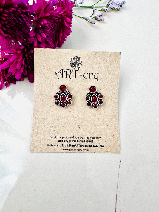 Classic Oxidised Silver Earrings – Lightweight, Affordable, Daily Wear - Red