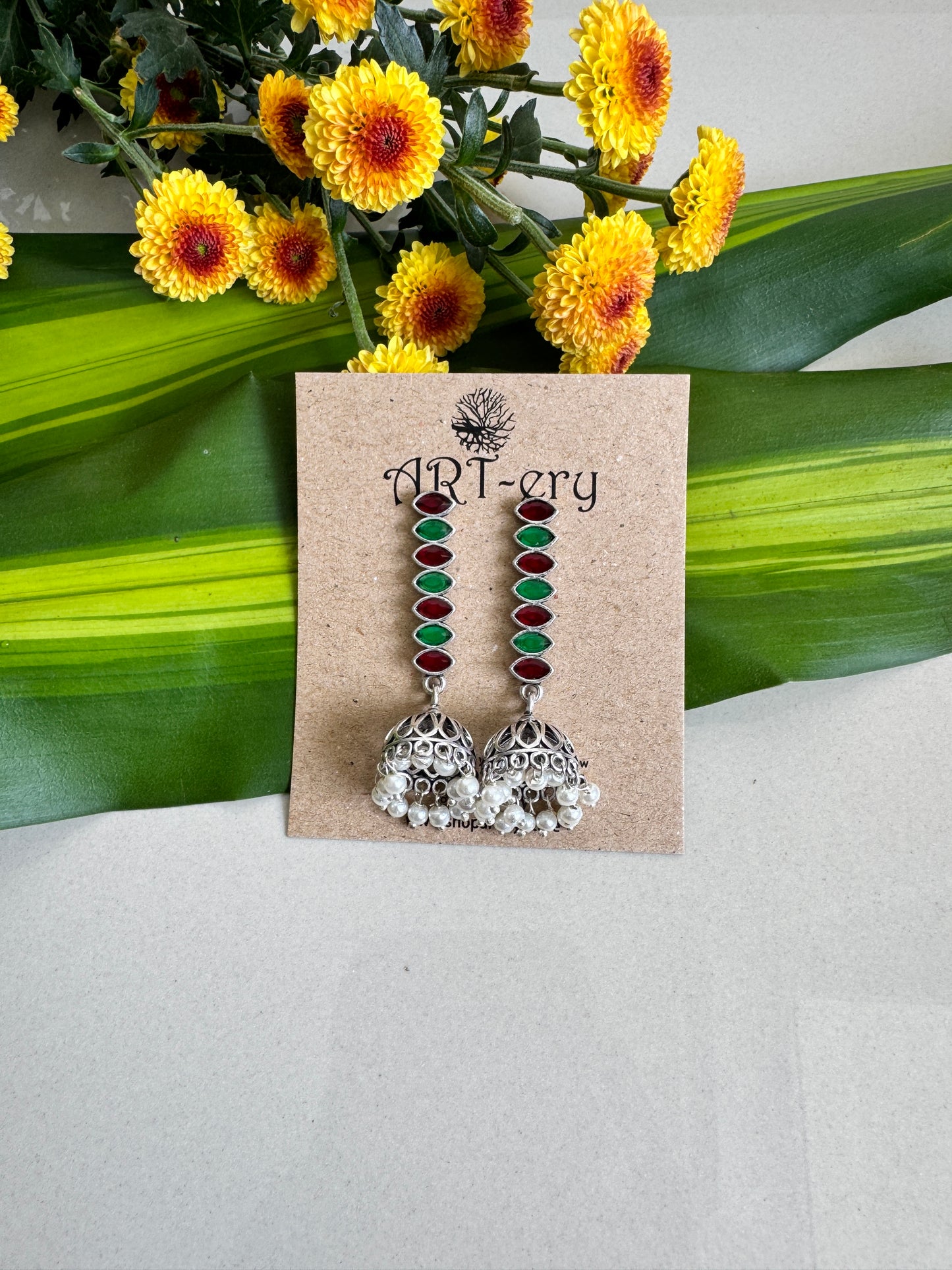 Stone earring with jhumka earrings - Green and Red