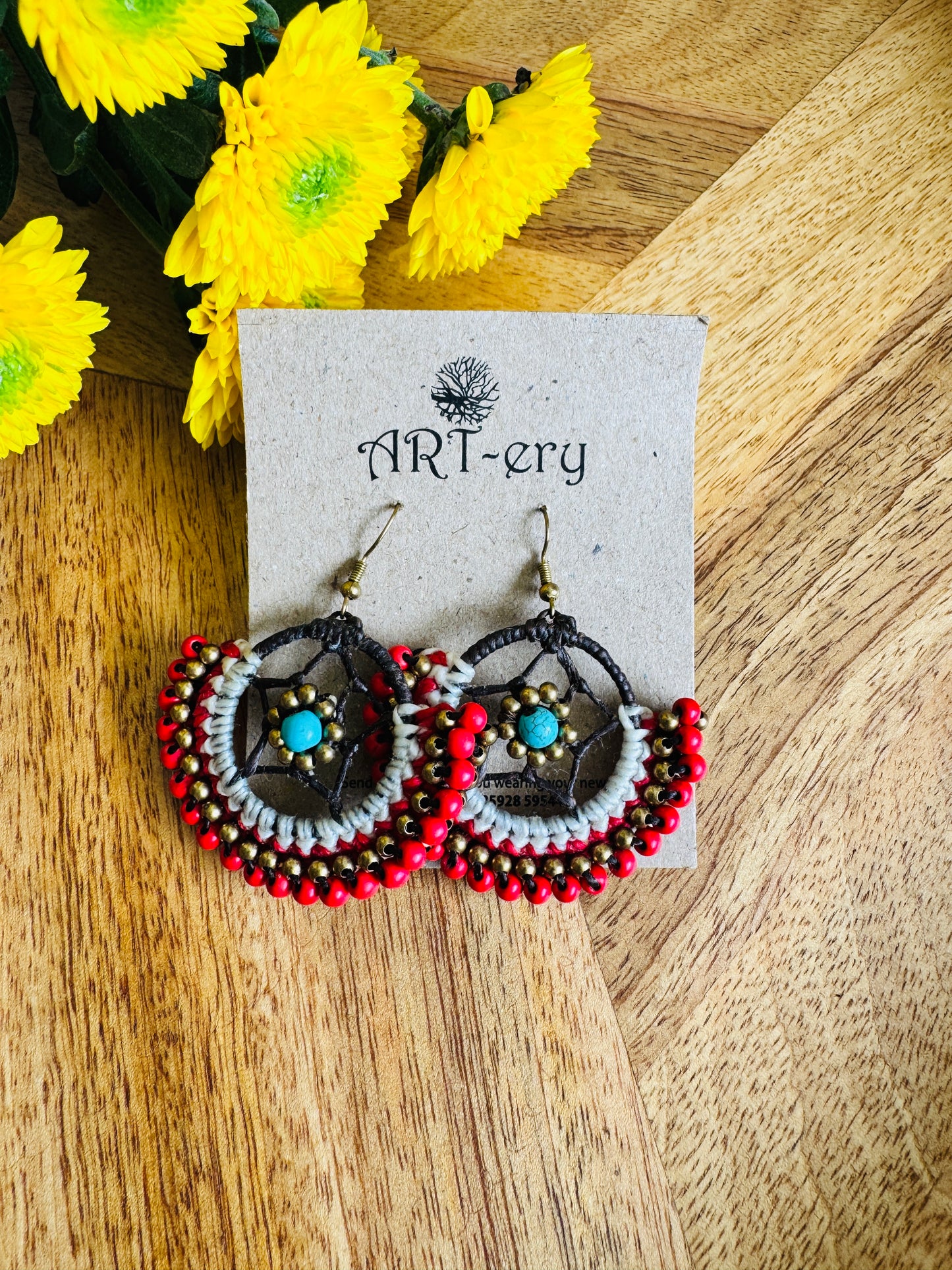 Crochet Thread & Bead Earrings - Red and blue star