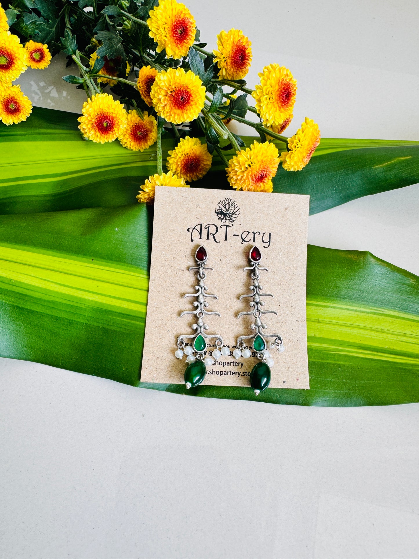 Oxidised silver red and green dangler