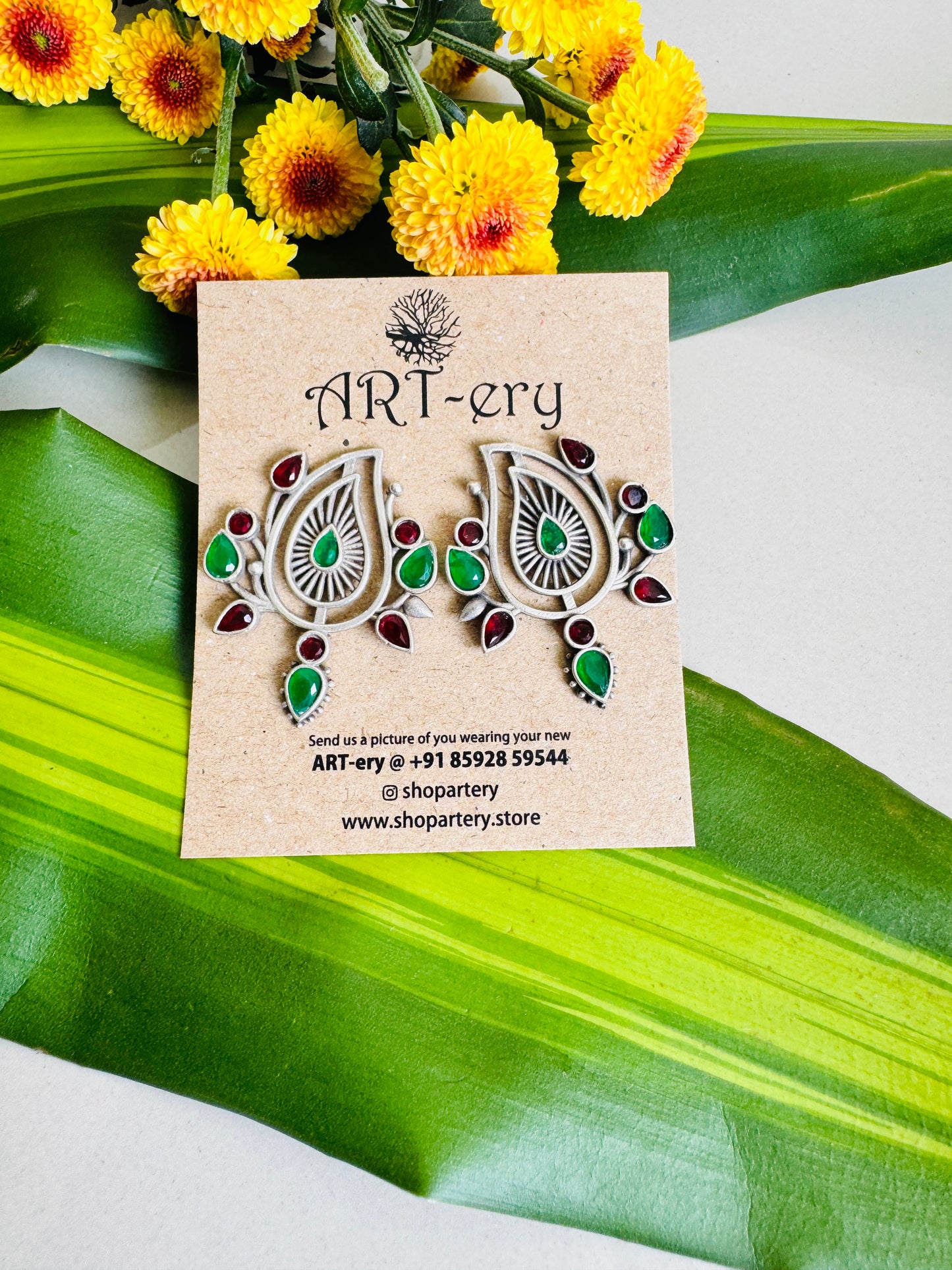 Red and green Inspired Oxidised Silver Statement Earrings