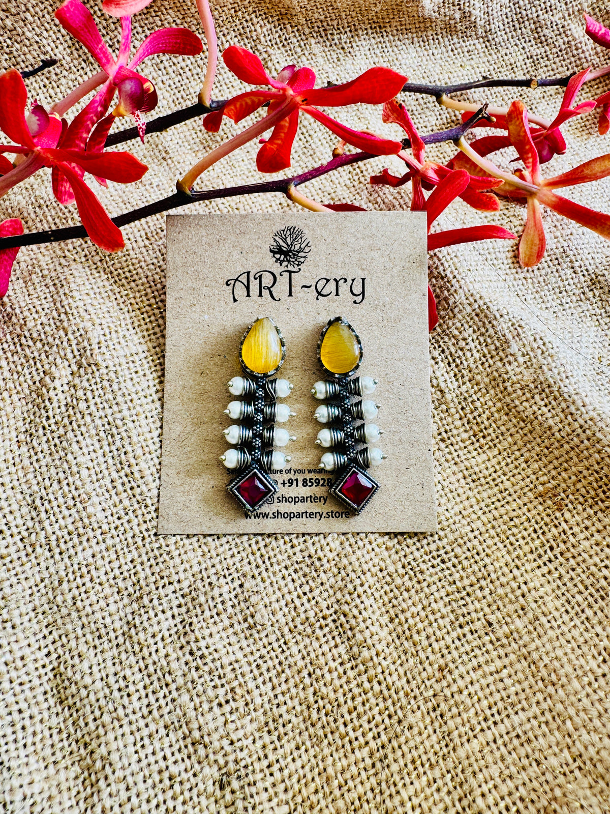 Red and Yellow Pearl and Stone Statement Earrings