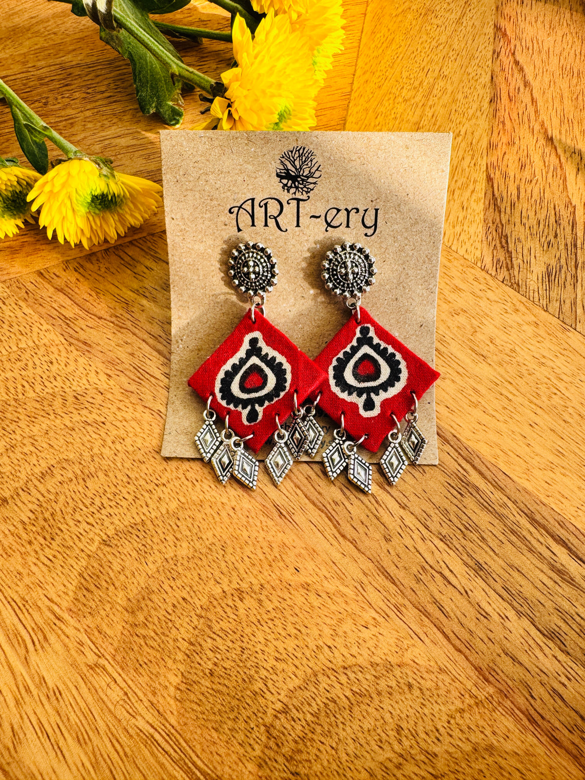 Handmade Fabric & Oxidised Silver Earrings - red bright earrings