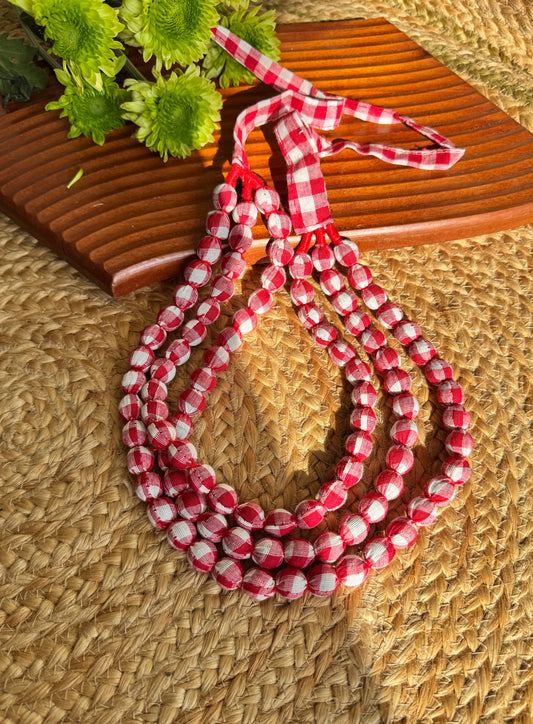 Multi layer kalamkari fabric statement necklace - Check red and white