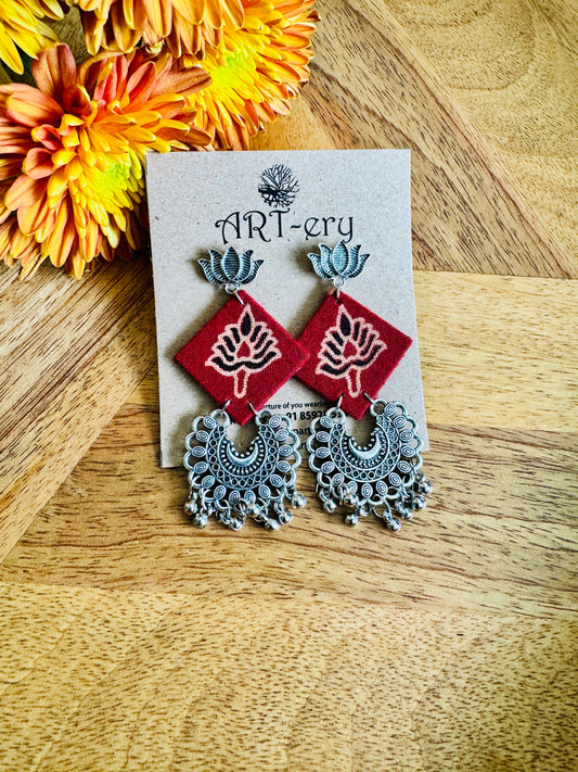 Red printed square oxidised silver fabric earrings with lotus detailing