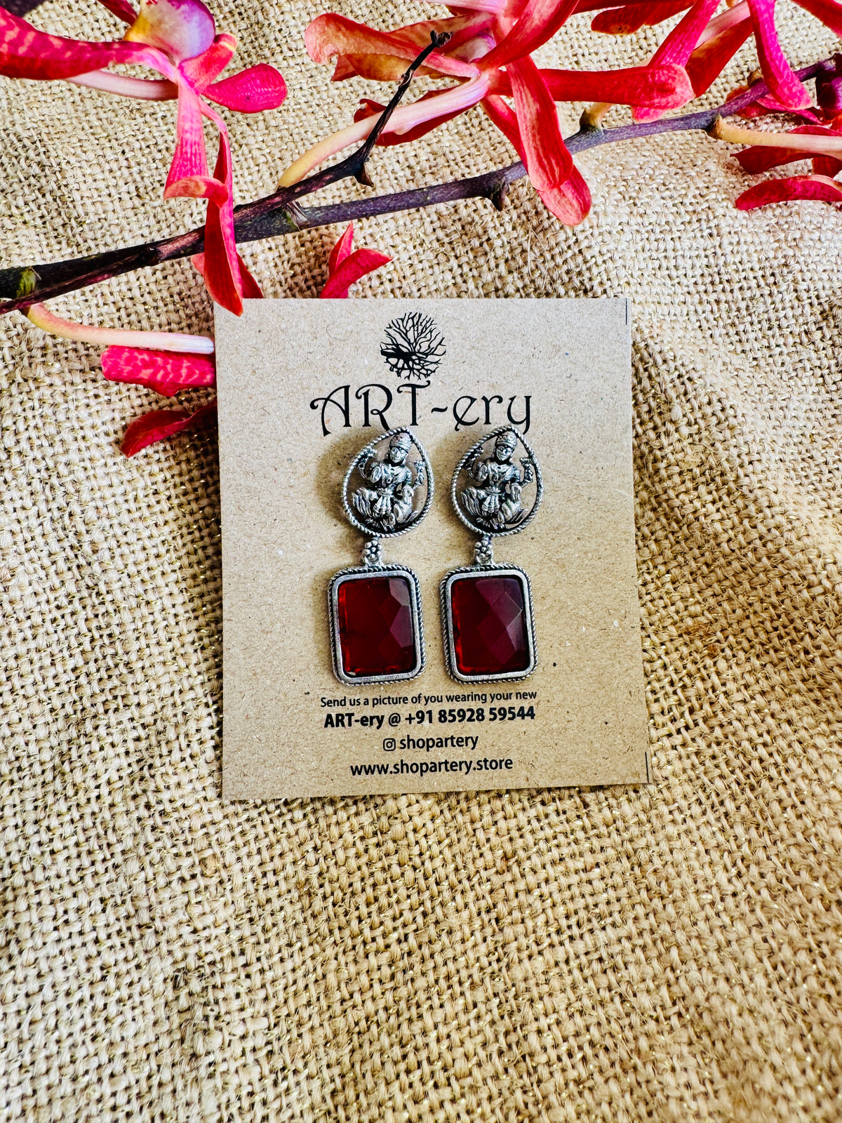 Oxidised Silver Goddess Lakshmi Earrings with  Stone Drop - Red