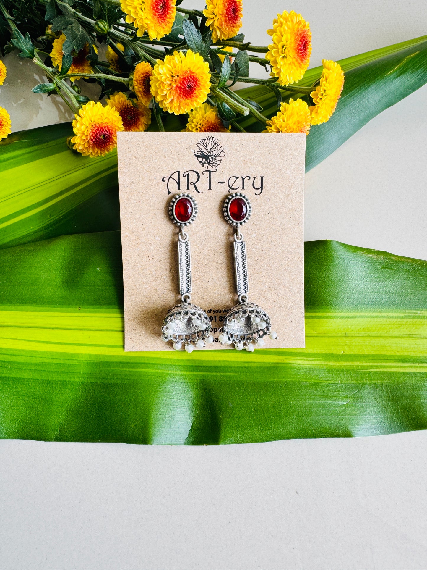 Lightweight oxidised silver jhumka with long stem  - Red