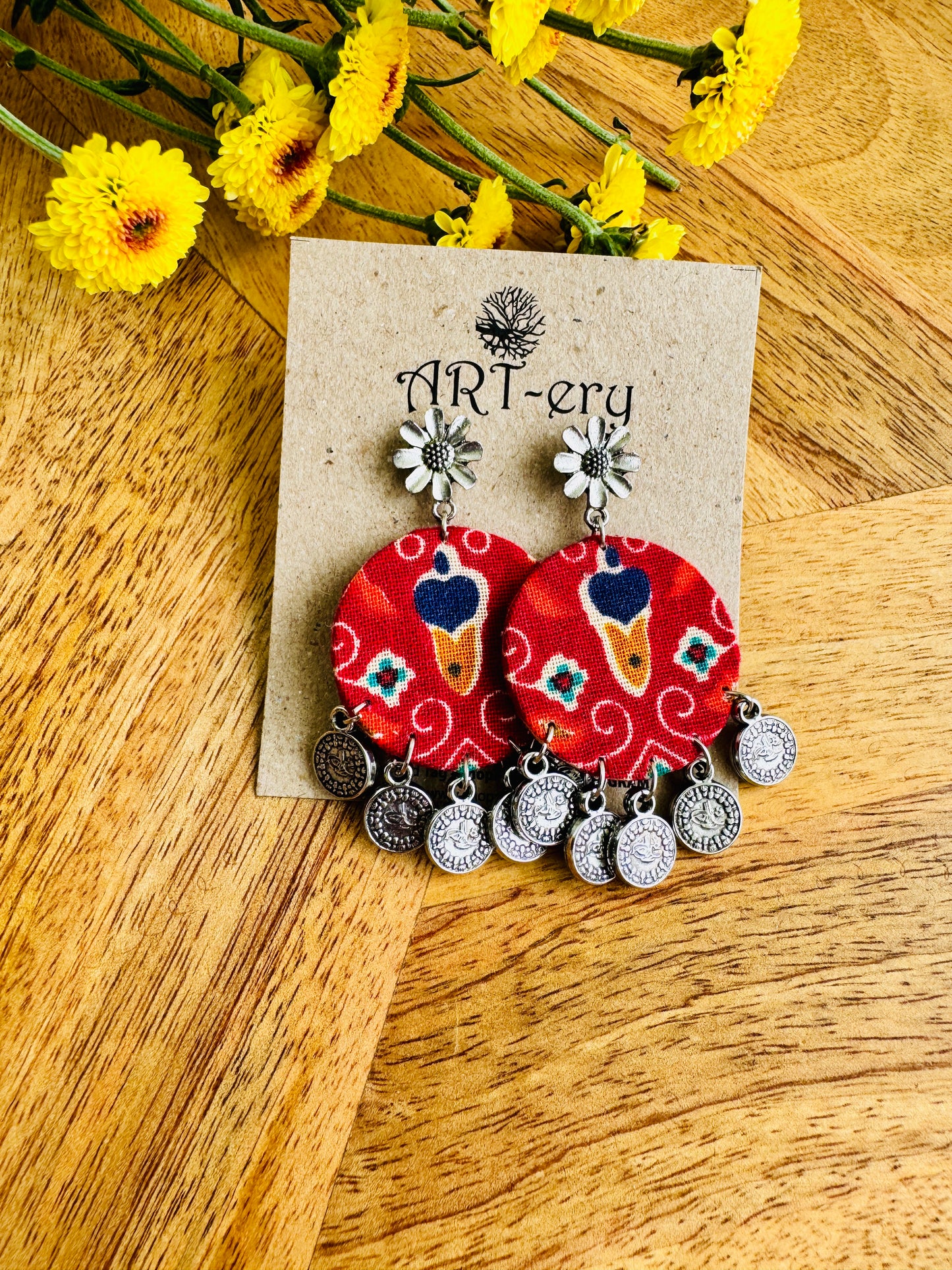 Handcrafted Fabric Statement Earrings | Boho Ethnic Earrings for Women - red printed earring