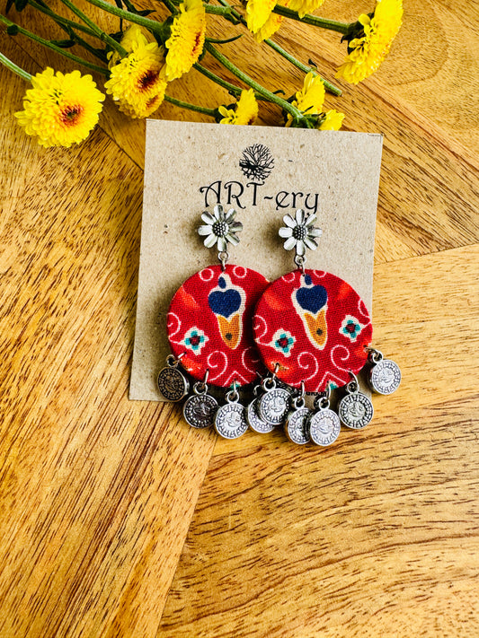 Handcrafted Fabric Statement Earrings | Boho Ethnic Earrings for Women - red printed earring