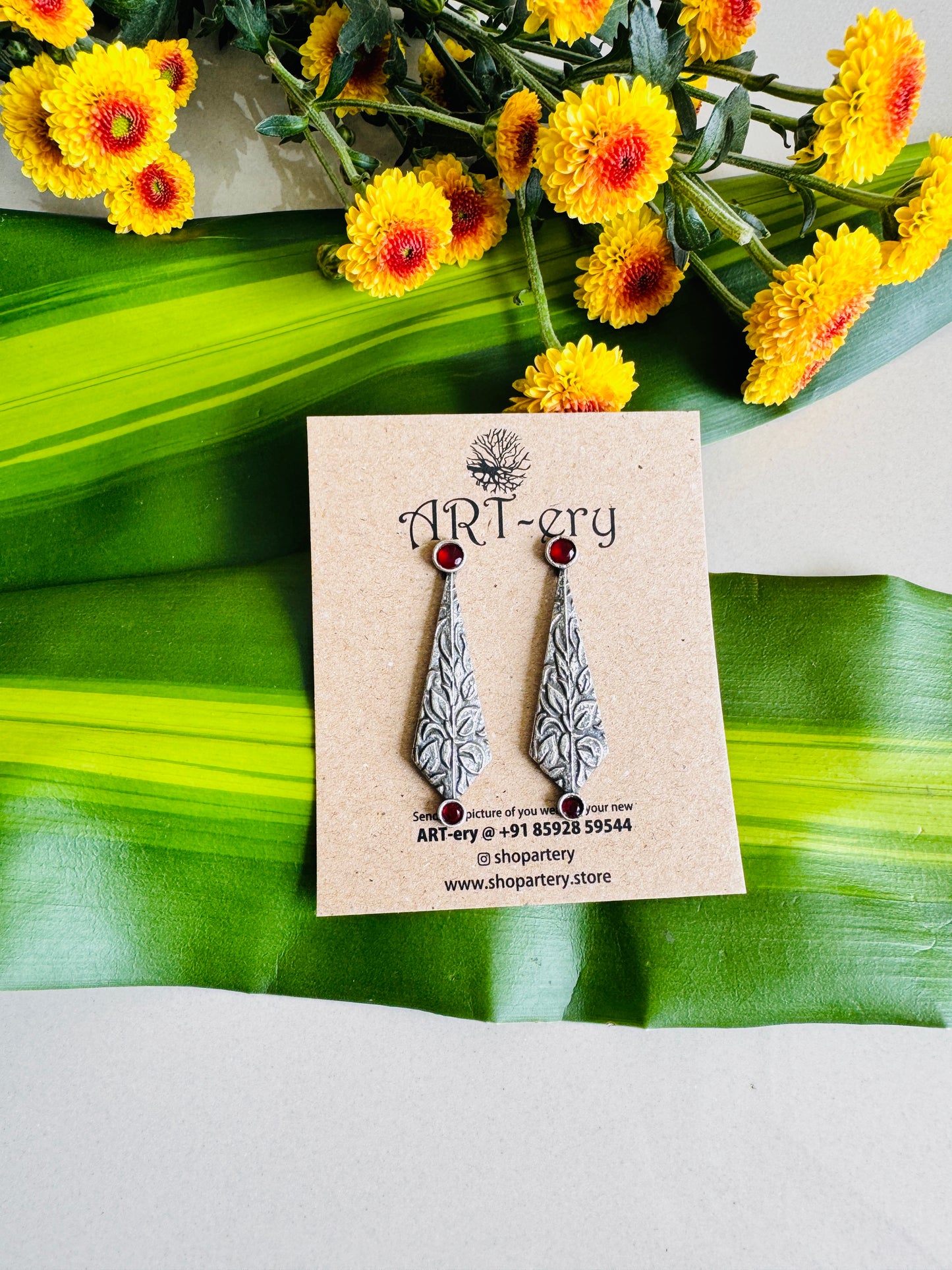 Diamond shaped earring in oxidised silver  -  red