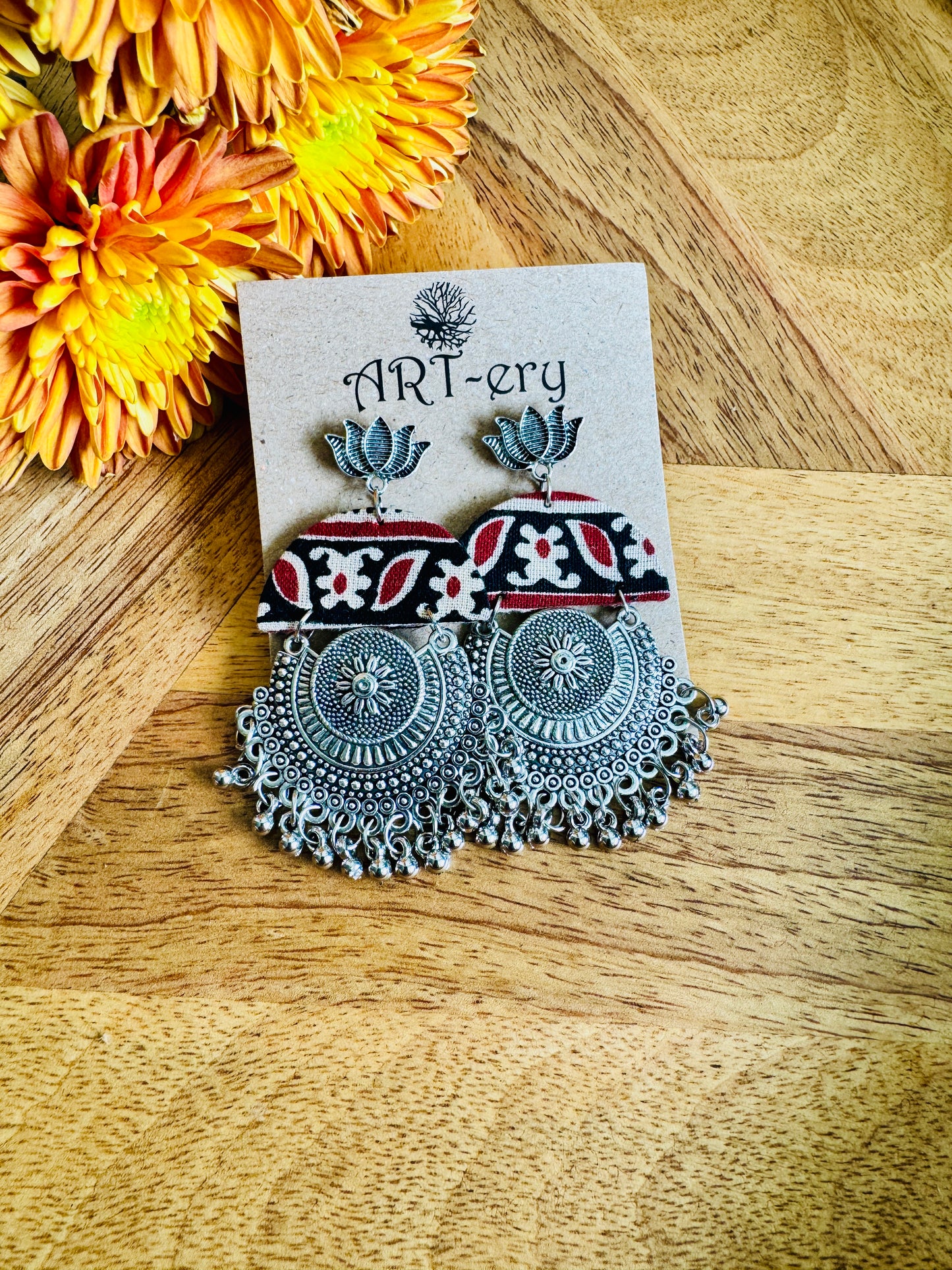 Black printed square oxidised silver fabric earrings