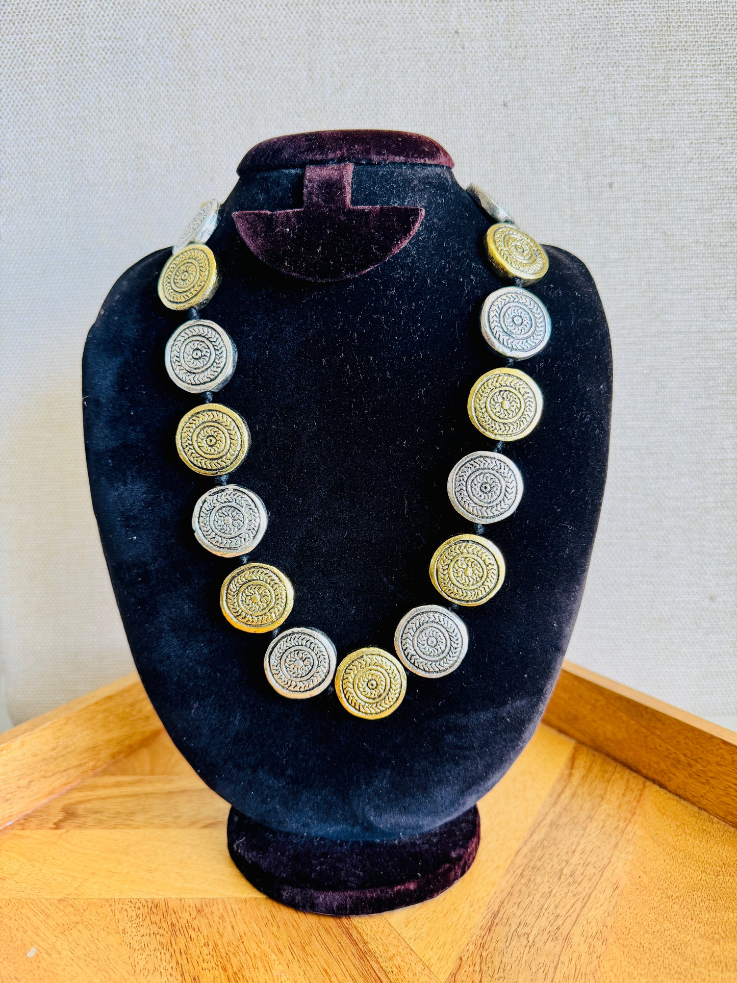 Statement metal necklace with adjustable cord - Round Gold and Silver