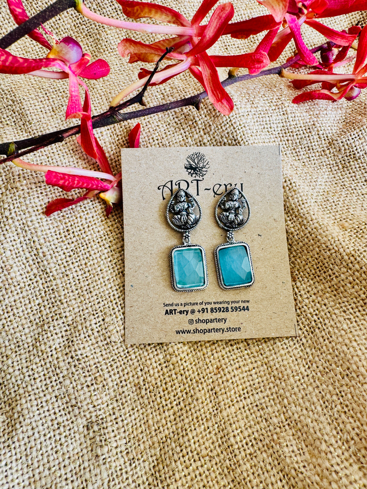 Oxidised Silver Goddess Lakshmi Earrings with  Stone Drop - sky blue