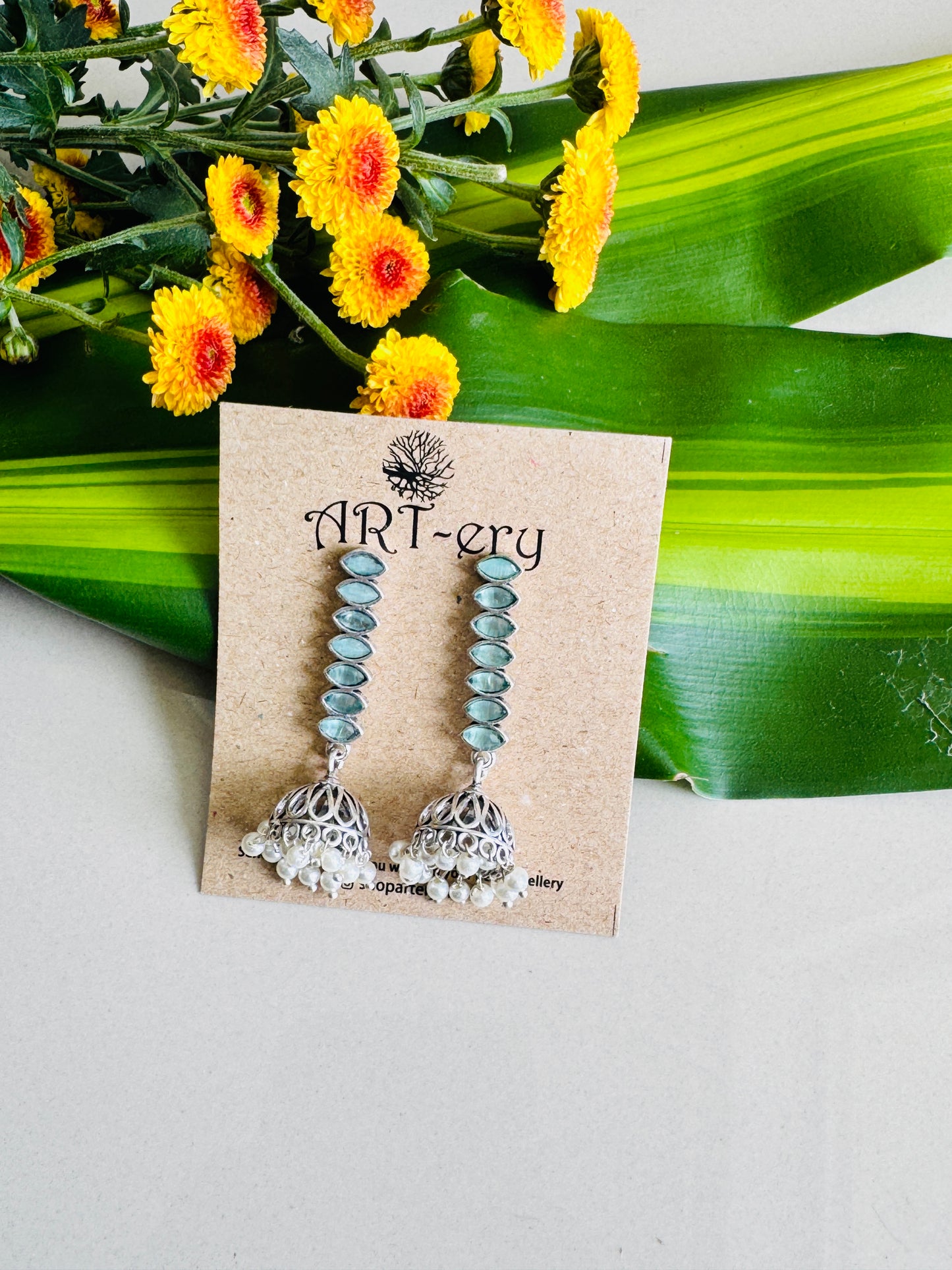 Stone earring with jhumka earrings - sea green