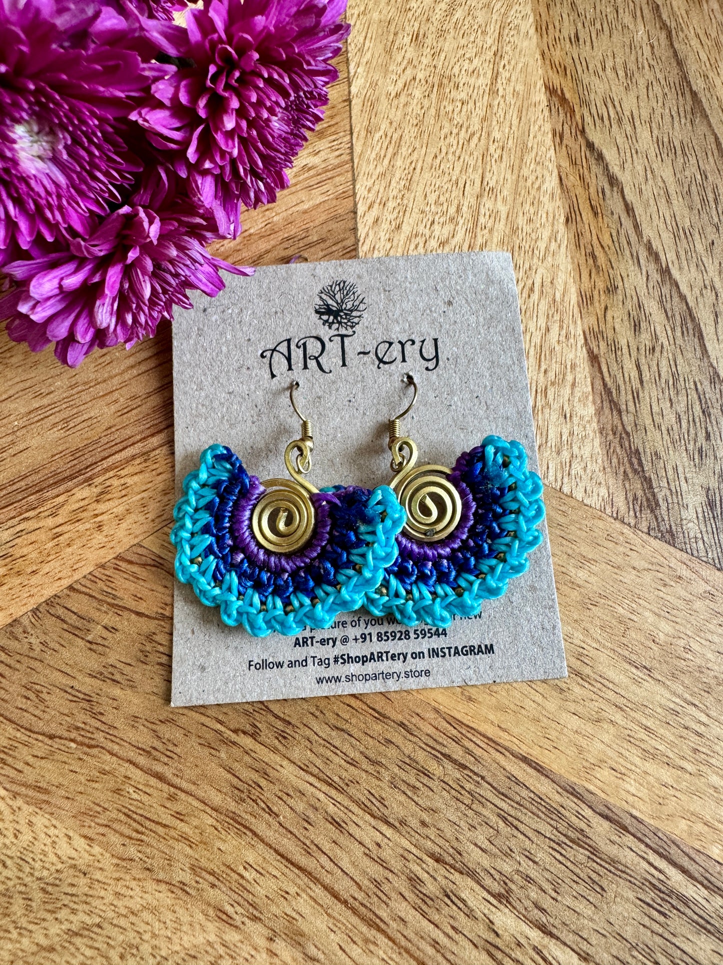 Handcrafted beaded earrings - sky blue and purple