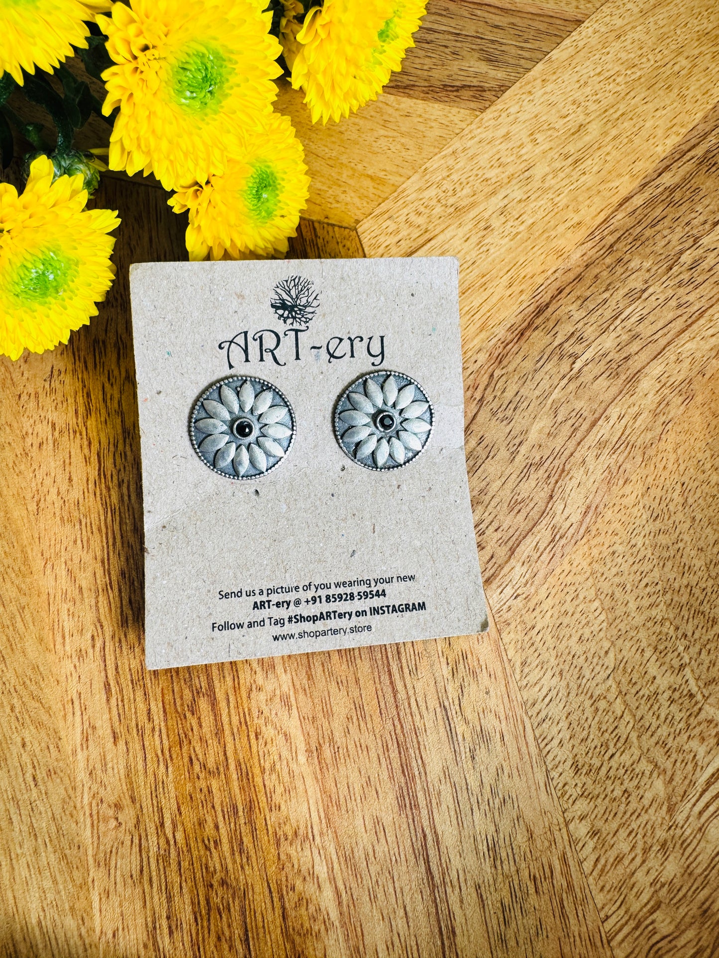Small stud oxidised silver earring