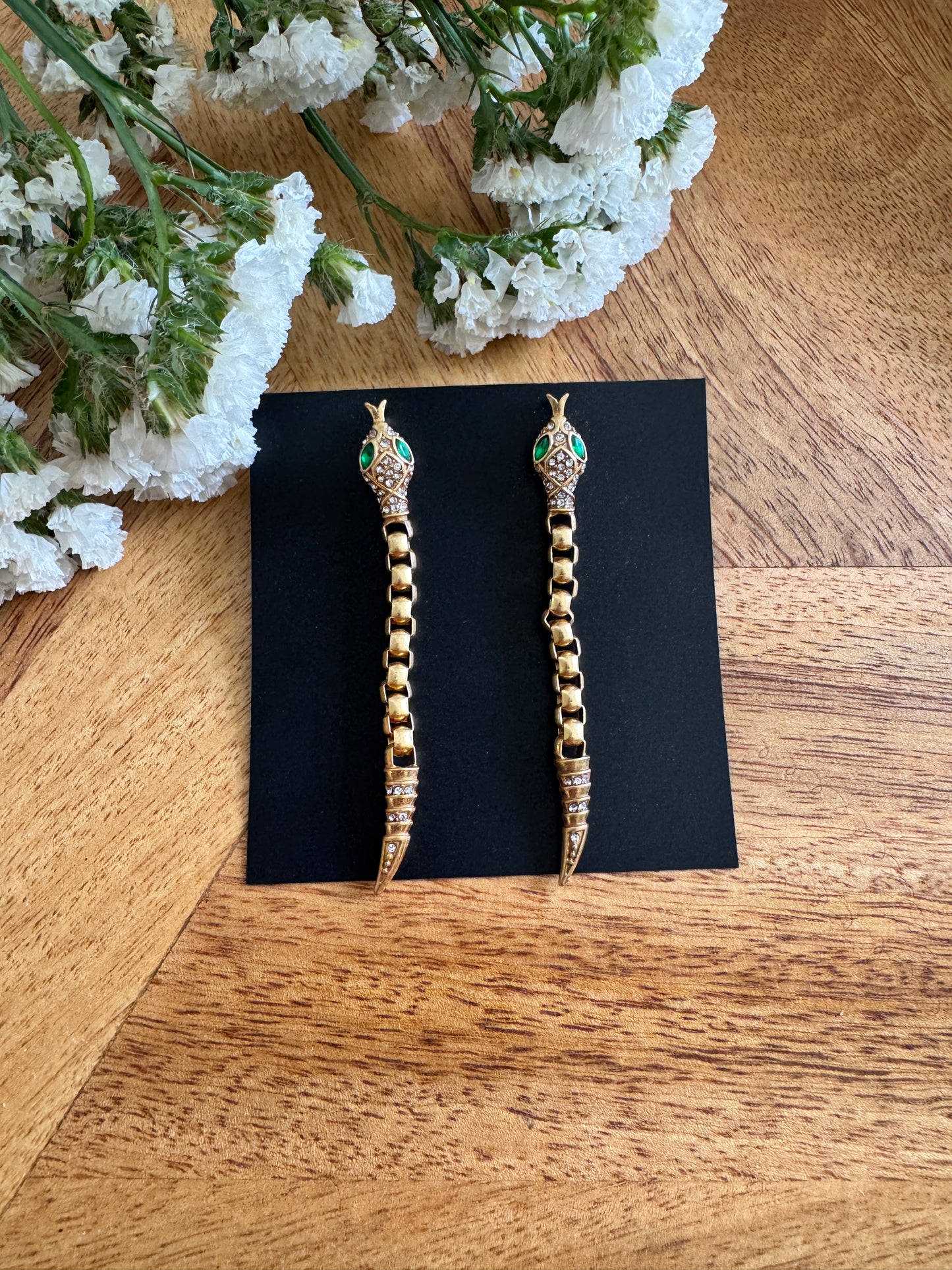 Handmade Brass Dangler Earrings with Natural Stone | Snake earrings