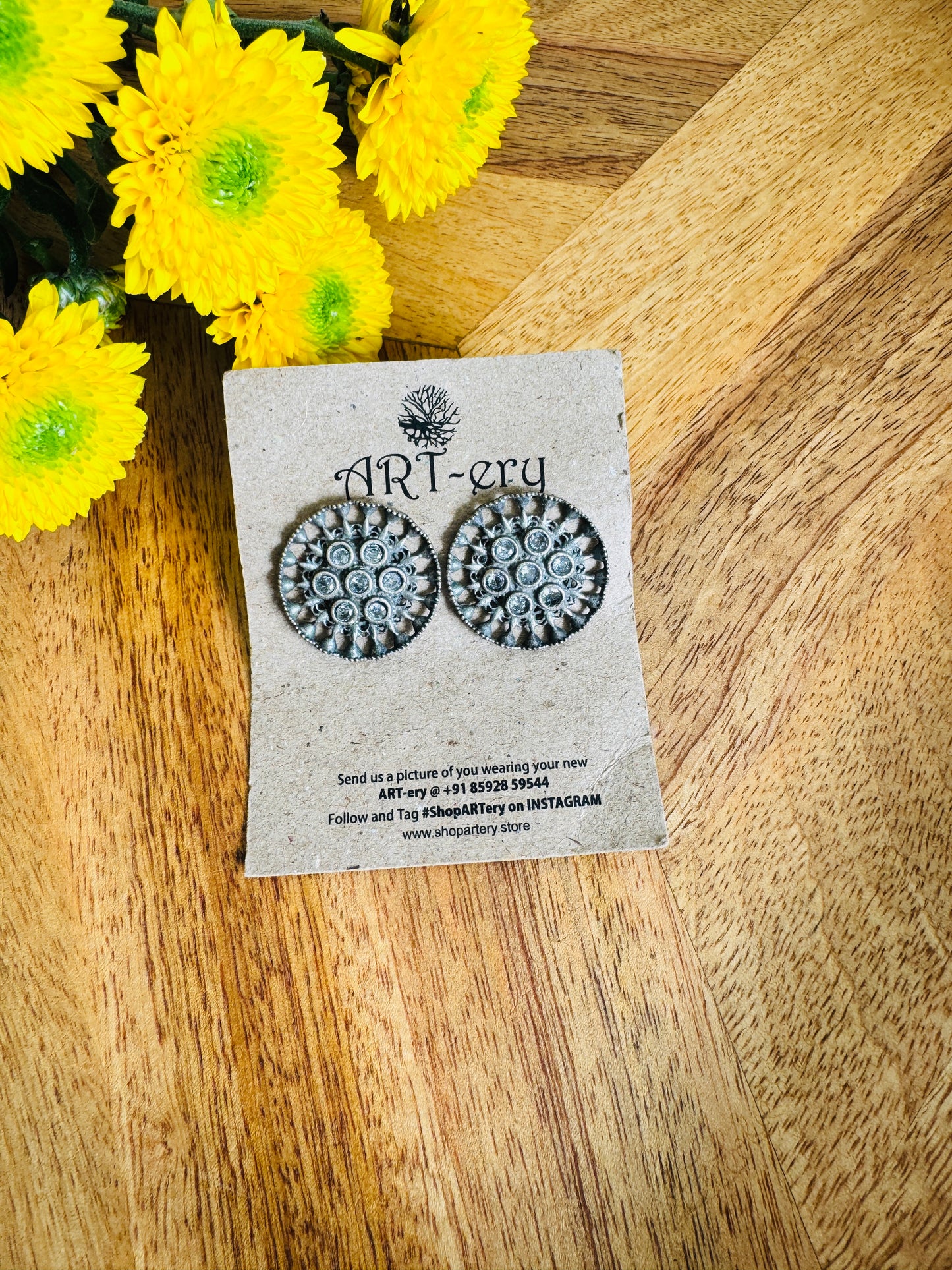 Small stud oxidised silver earring with white stone