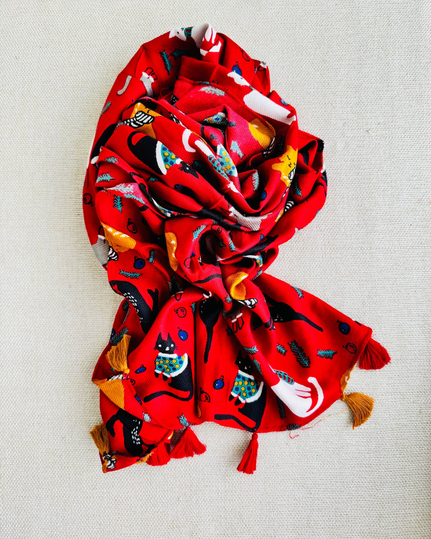 Bright poly cotton scarf - Lightweight long stole - Red christmas scarf