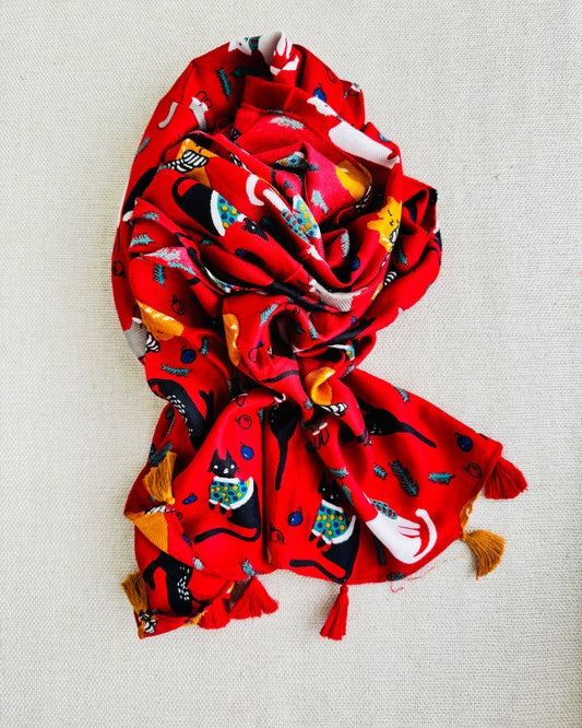 Bright poly cotton scarf - Lightweight long stole - Red christmas scarf