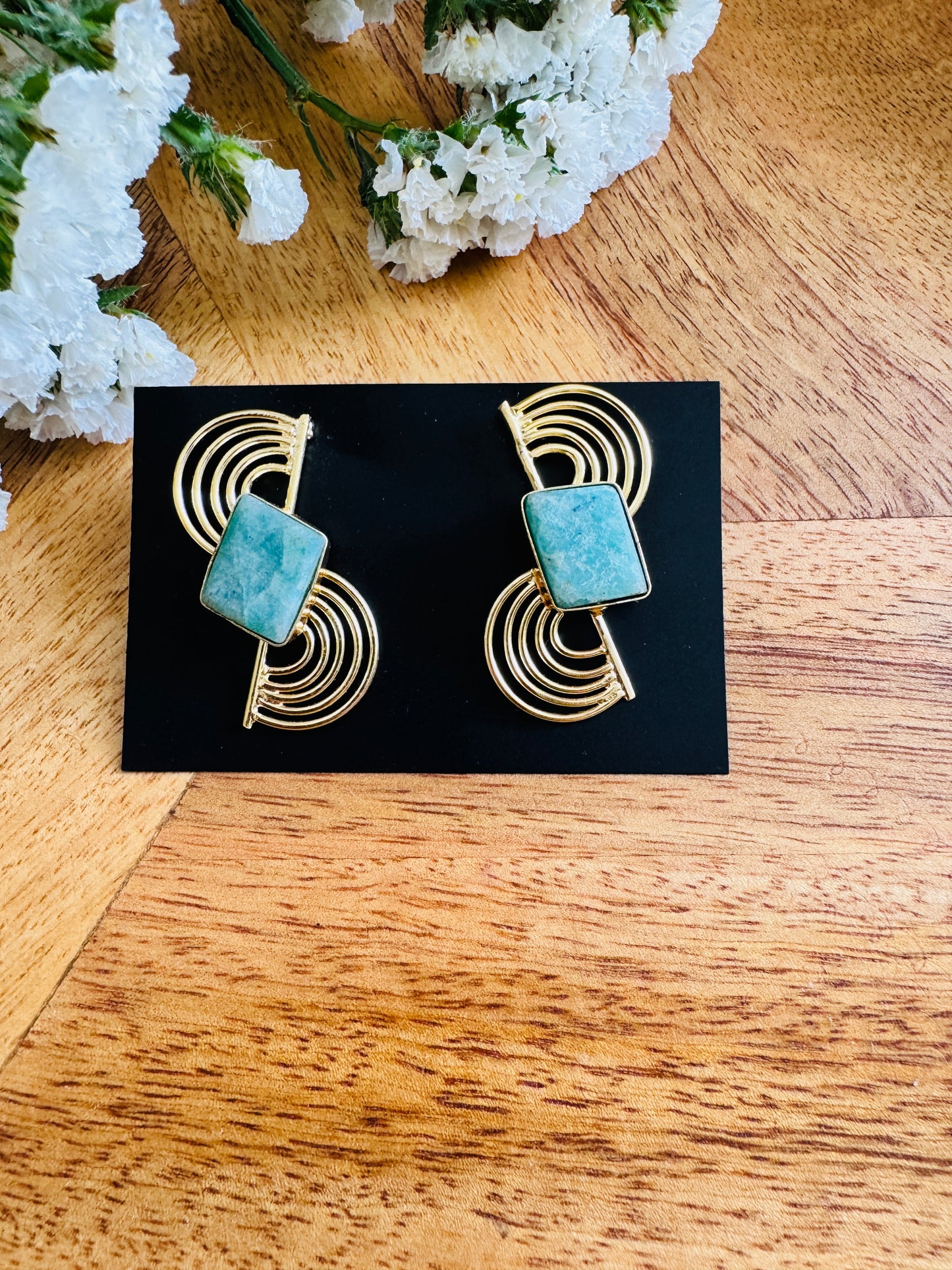 Handmade Brass Dangler Earrings with Natural Stone | teal earring