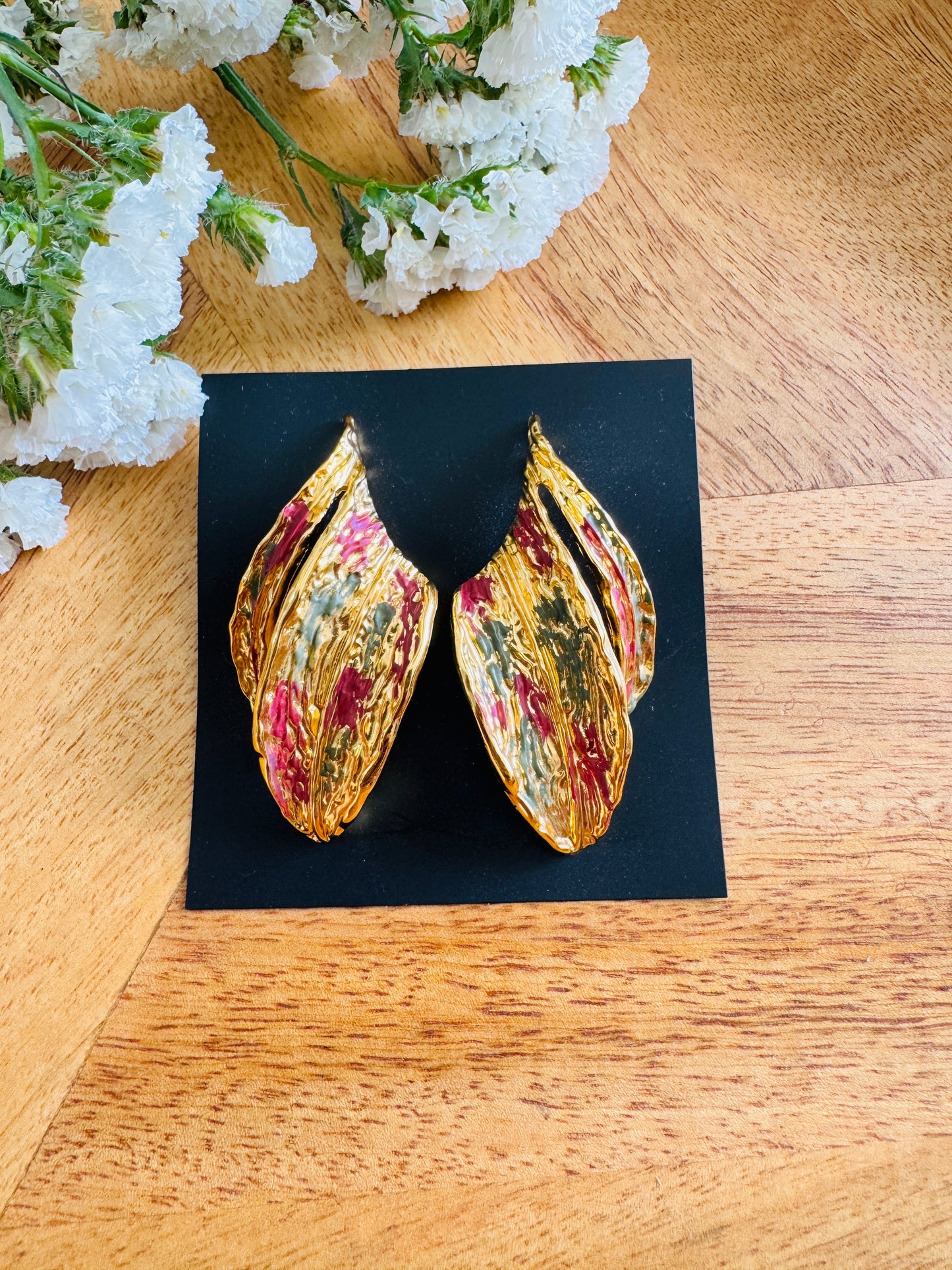 Handmade Brass Dangler Earrings with Natural Stone | enamel leaf