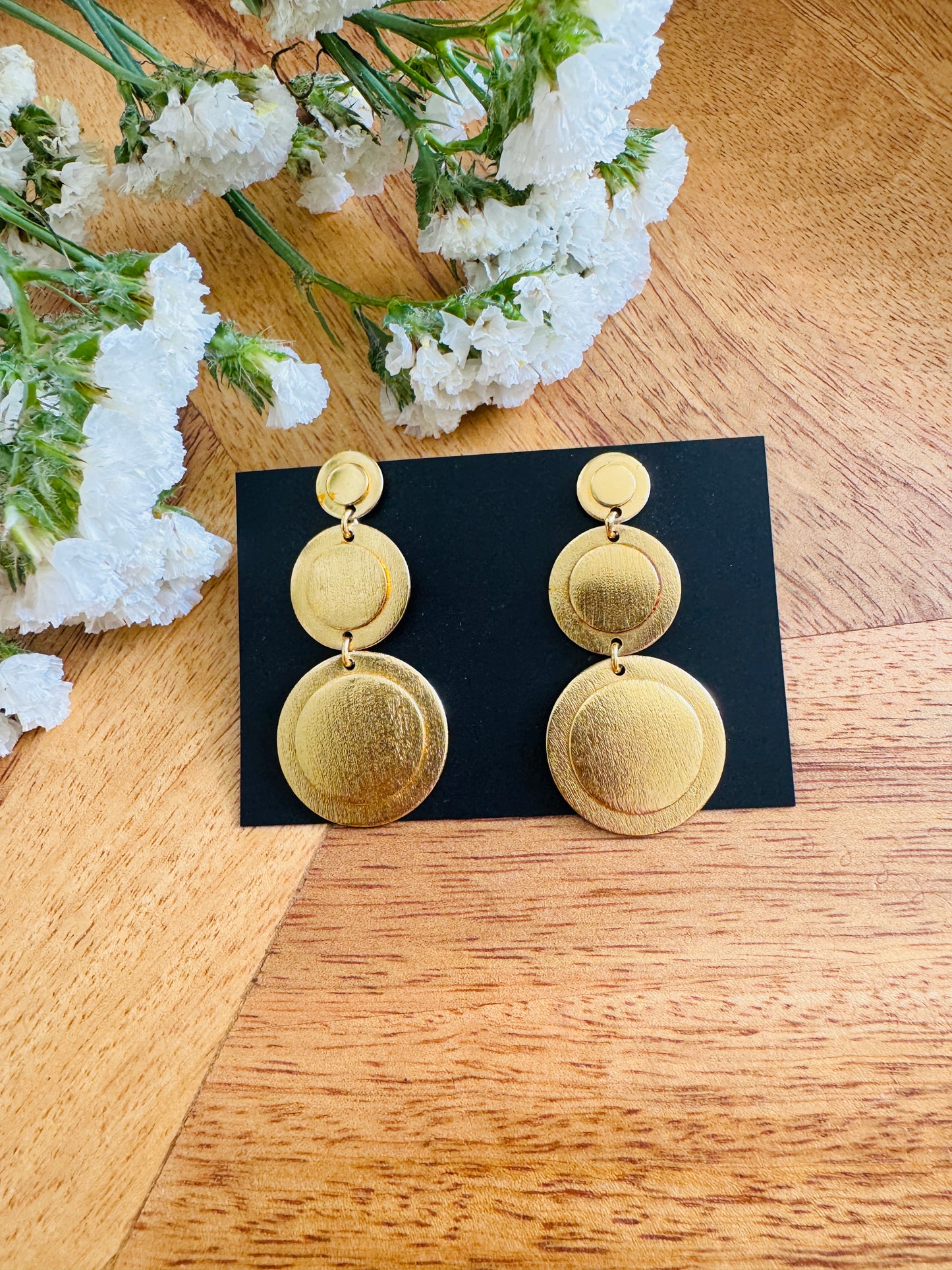 Handmade Brass Dangler Earrings with Natural Stone | Three round earrings
