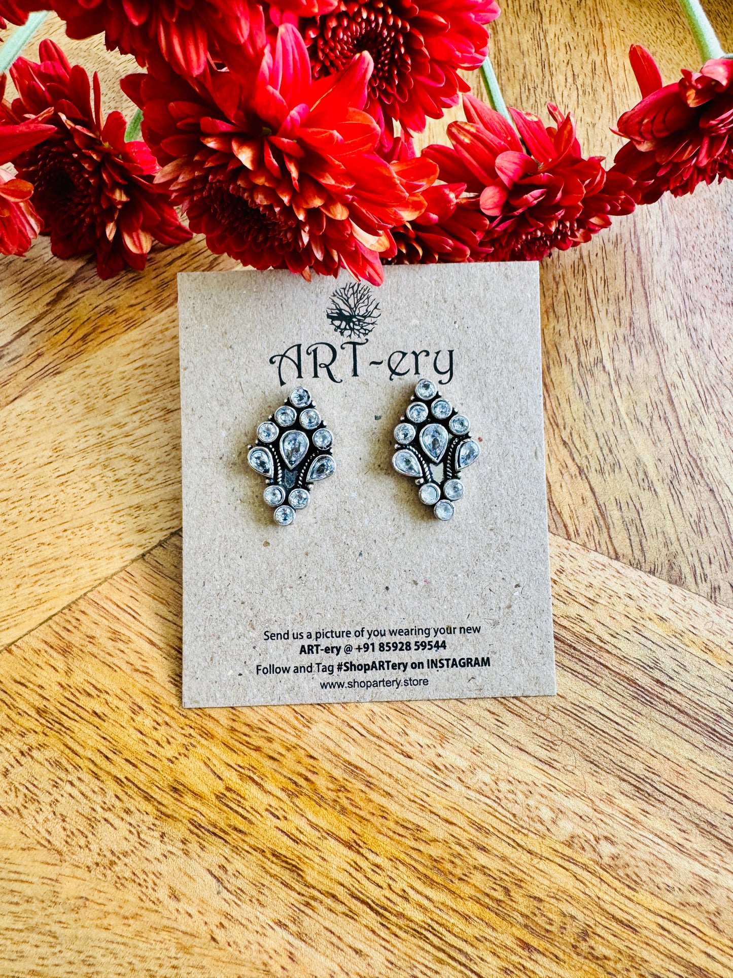 Oxidised Silver Stone Stud Earrings for Women