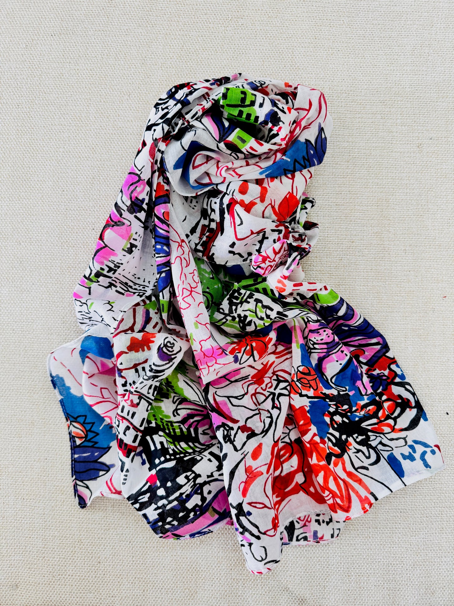 Lightweight Printed Poly-Cotton Scarf for Women Light color - White multicolor scarf
