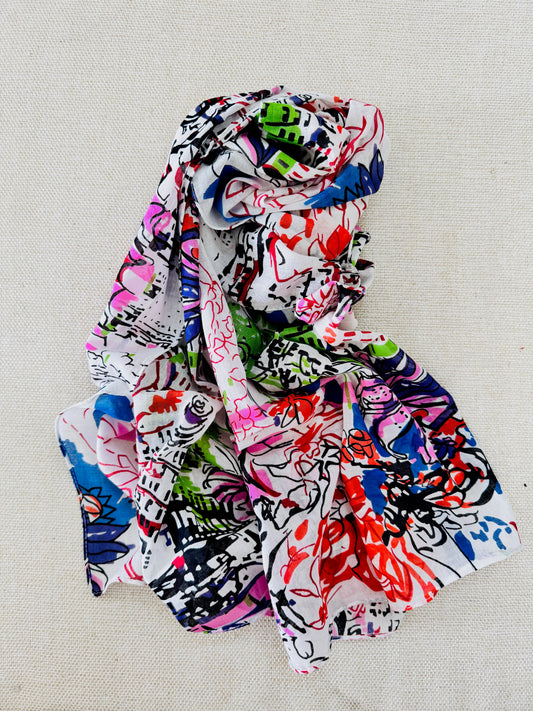 Lightweight Printed Poly-Cotton Scarf for Women Light color - White multicolor scarf