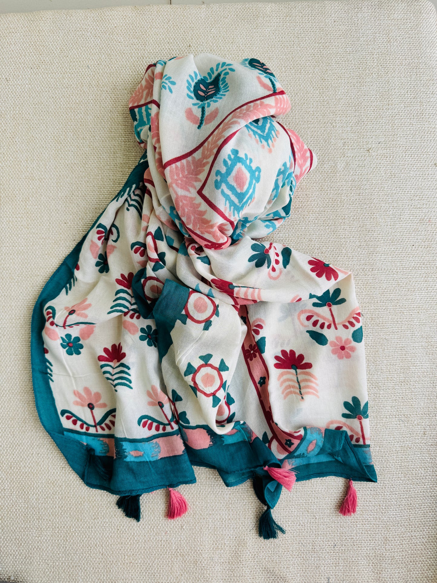 Bright poly cotton scarf - Lightweight long stole - teal and white scarf