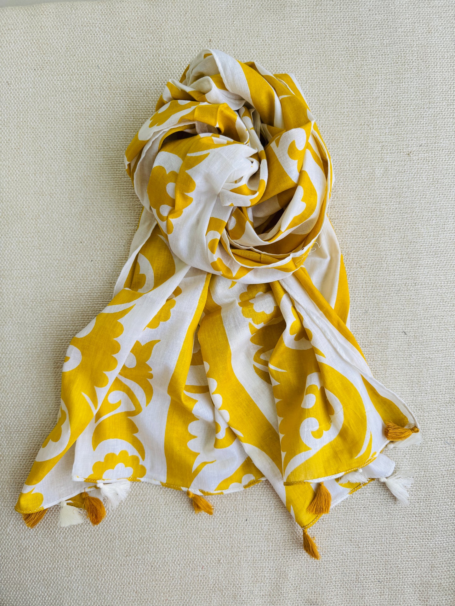 Bright poly cotton scarf - Lightweight long stole - tasseled yellow and white stole