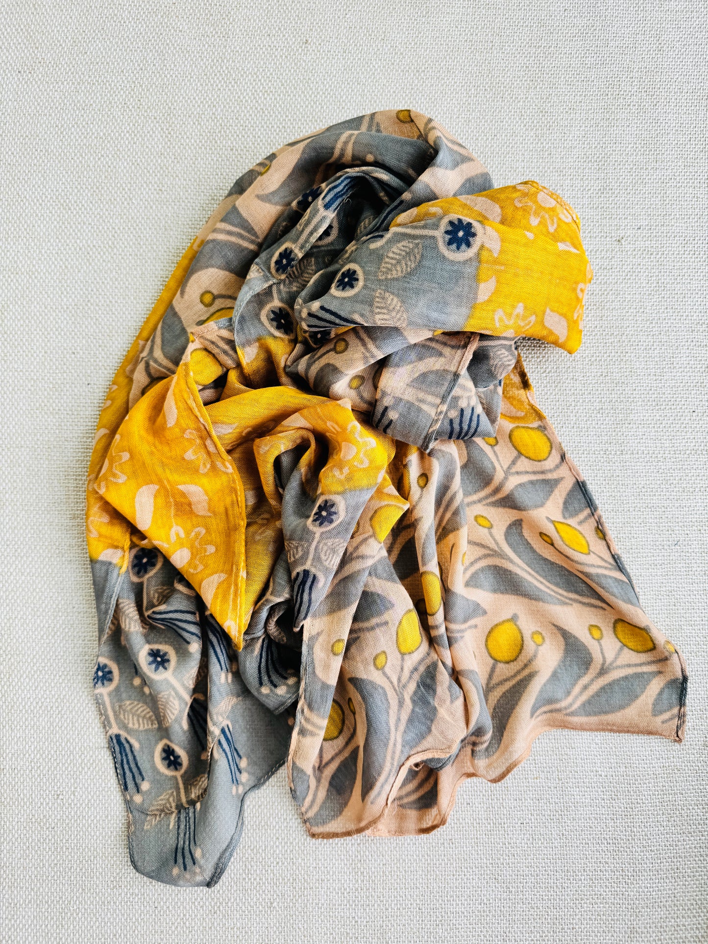 Bright poly cotton scarf - Lightweight long stole - Bright yellow and grey scarf