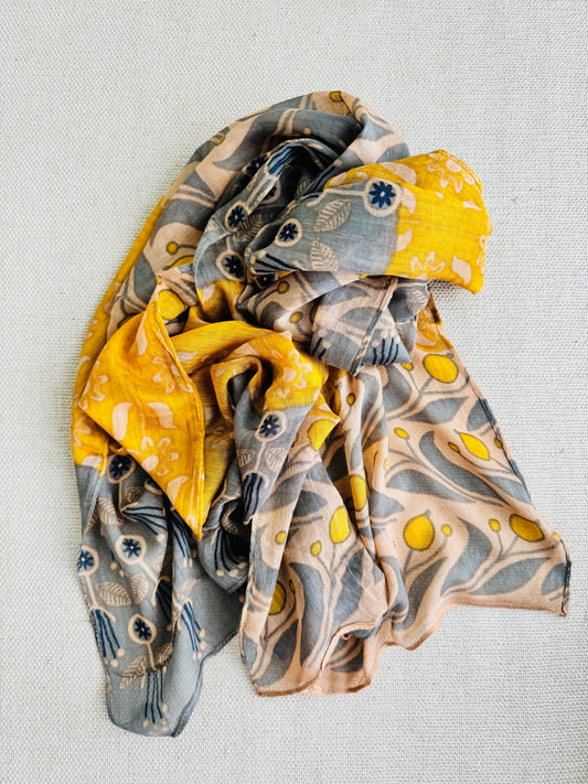 Bright poly cotton scarf - Lightweight long stole - Bright yellow and grey scarf