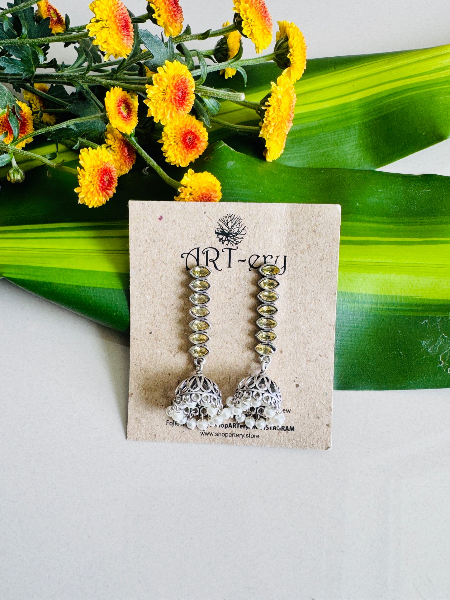 Stone earring with jhumka earrings - yellow