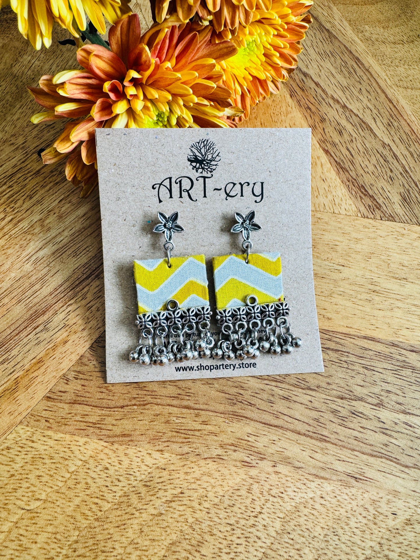 Yellow small square oxidised silver fabric earrings