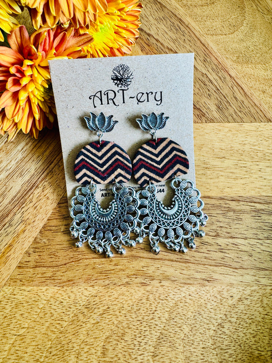 Zig zag print oxidised silver fabric earrings